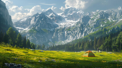 summer backcountry camping image, with a lone hiker setting up a tent in a lush green meadow, with towering mountains in the background and a clear blue sky overhead