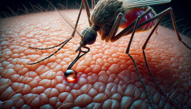 Develop an ultra-realistic close-up image of a mosquito, emphasizing the fine details of its anatomy with a high degree of realism. 