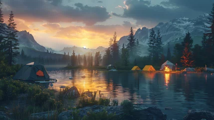 Foto op Plexiglas summer camping image at a lakeside campsite, with a group of friends setting up tents and cooking over a campfire as the sun sets behind the mountains © Trevor