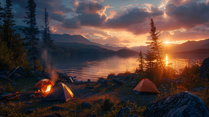 summer camping image at a lakeside campsite, with a group of friends setting up tents and cooking over a campfire as the sun sets behind the mountains - obrazy, fototapety, plakaty