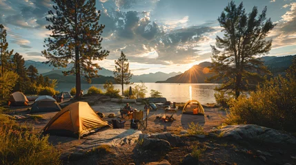 Fotobehang summer camping image at a lakeside campsite, with a group of friends setting up tents and cooking over a campfire as the sun sets behind the mountains © Trevor