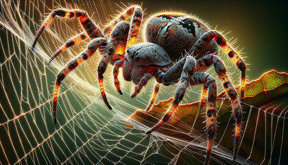 Craft an ultra-realistic close-up image of a spider engaged in weaving its web, emphasizing the highest level of detail and accuracy. 