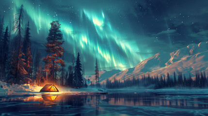 winter camping scene at a remote lakeside campsite, with a couple snuggled up in a cozy tent, watching the northern lights dance across the sky