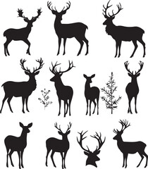 Set of Deers black silhouettes isolated on white background
