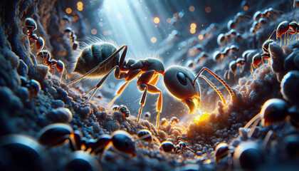 Create the most detailed and lifelike image possible of an ant engaging in colony maintenance, with...
