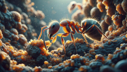 Create the most detailed and lifelike image possible of an ant engaging in colony maintenance, with an extraordinary focus on realism. 