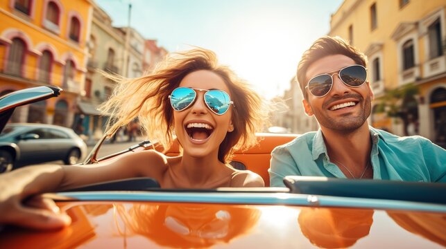 a couple enjoying a weekend car vacation . they laugh while driving ai generated high quality image