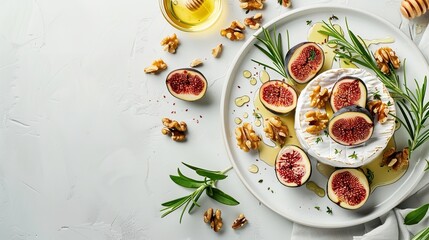 A white background features figs, grapes, walnuts, honey, and a theme of camembert cheese and space for text, Generative AI.