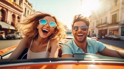 a couple enjoying a weekend car vacation . they laugh while driving ai generated high quality image - obrazy, fototapety, plakaty