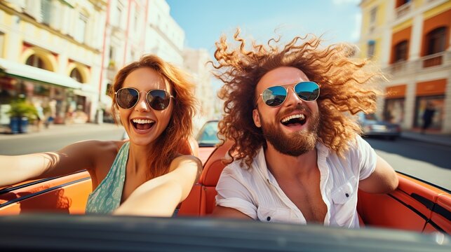 a couple enjoying a weekend car vacation . they laugh while driving ai generated high quality image