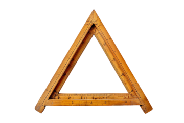 Wooden ruler isolated on white background with triangle, letter, number, and symbol icons