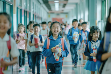 Group of elementary school students walk through hallway at school