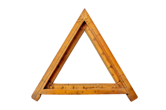 Wooden ruler isolated on white background with triangle, letter, number, and symbol icons