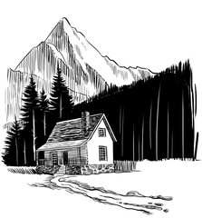 Cabin in the mountains. Hand-drawn retro styled black and white illustration - 753408918