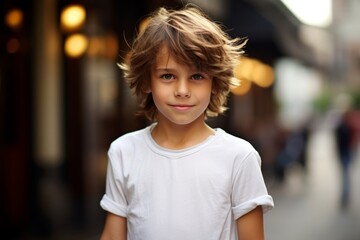 portrait of a cute little boy on the street of the city