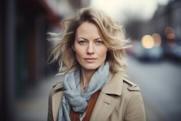 Portrait of a beautiful blonde woman in a beige coat and gray scarf on the street