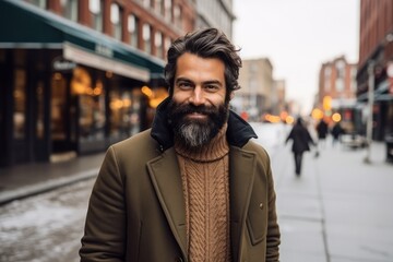 Portrait of a handsome bearded man in a coat and scarf on the street