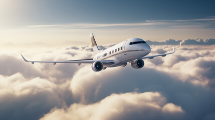 Private jet flying above the cloud