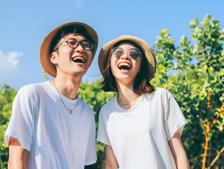 夏の日差しを満喫する笑顔あふれる若いアジア人カップル