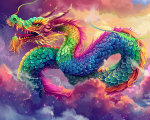 Obraz premium A vibrant and playful dragon surrounded by a rainbow