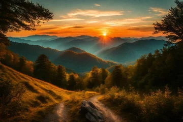 Fotobehang Mistige ochtendstond sunrise in the mountains