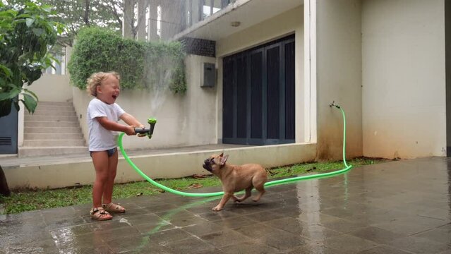 Young child joyfully plays with water from garden sprinkler, directing spray upward and creating handmade rain. Playful puppy, eager and lively, jumps on hind legs, joining in exuberant antics.