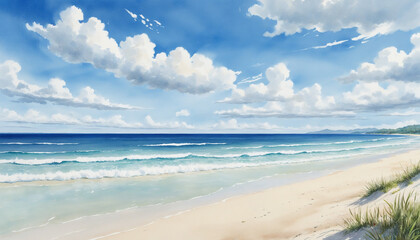 Fototapeta na wymiar Watercolor landscape of blue sky, sea and white sandy beach
