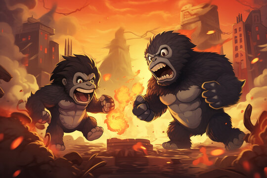 A scene of Godzilla and King Kong locked in a fierce battle, depicted in chibi art style
