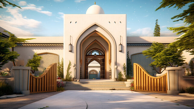 mosque with a gate in the middle entrance of a traditional building
