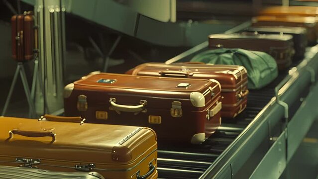 A closeup of a baggage carousel with suitcases of different shapes sizes and colors moving along the conveyor belt eagerly awaited by travelers.