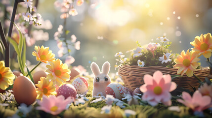 Happy Easter background with easter eggs and flowers scene. AI Generated