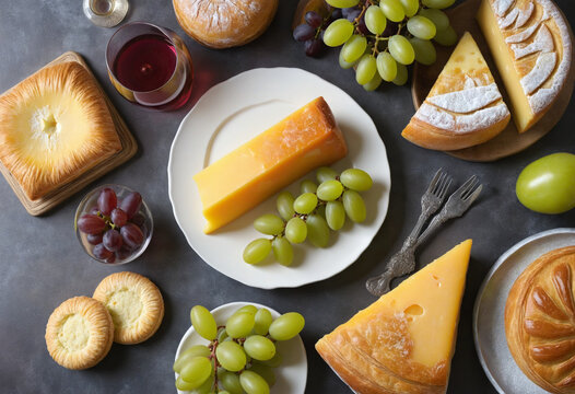 Background with cheese, grapes and pastries, rustic style