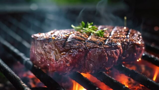 Grilled beef steak on stainless steel grill pot with flames on black background