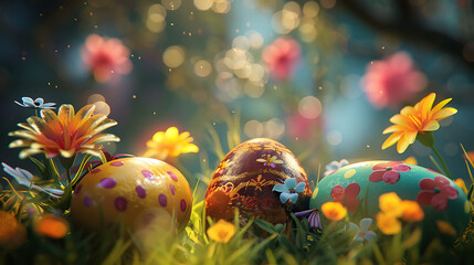 Happy Easter background with easter eggs and flowers scene. AI Generated