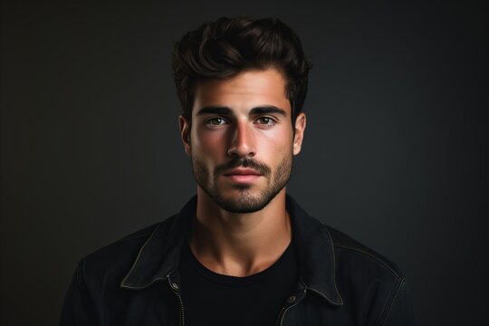 Portrait of a handsome young man over dark background. Men's beauty, fashion.