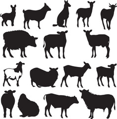 Naklejka premium Collection of silhouettes of farm animals on white background