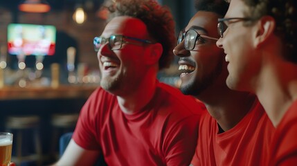 two friends wearing red shirts and glasses of beer in a bar looking happy at football games