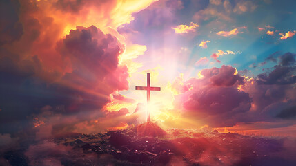 Majestic Christian Cross Pierces Heavenly Clouds with Sunburst Glow - Religious Symbolism in Nature's Embrace