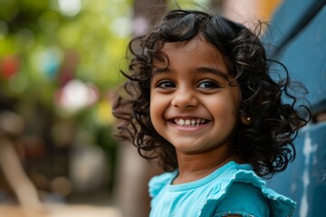 Portrait of happy Indian little girl with curly hair smiling outdoors.