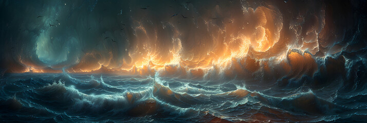 fire and flames on the water,
Realistic illustration of the parting of the Red