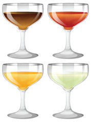 Four vector glasses filled with colorful liquids