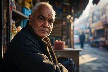 View of unknowns Nepali old man sitting in the street of Kathmandu in the afternoon - obrazy, fototapety, plakaty