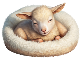 cute baby goat sleeping in round plush pet bed