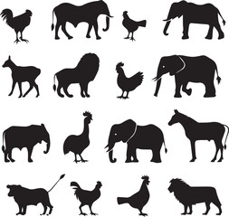 Collection of silhouettes of farm animals on white background