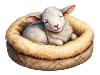 cute baby goat sleeping in round plush pet bed