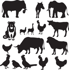 Collection of silhouettes of farm animals on white background