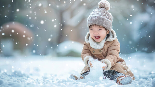 toddler child wearing a coat laughing and having fun with snow