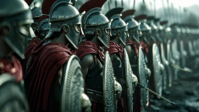 A group of Spartan Hoplites stand in formation their shields forming an imtrable wall as they defend their city.
