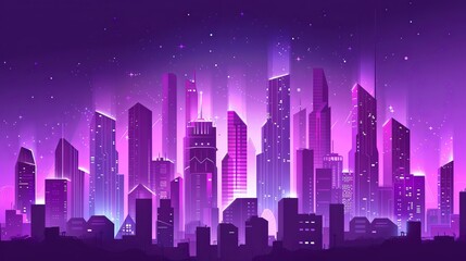 Futuristic purple cityscape: Geometric skyscrapers under a starry sky in a vibrant flat design illustration