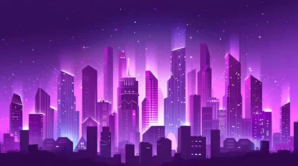 Schilderijen op glas Futuristic purple cityscape: Geometric skyscrapers under a starry sky in a vibrant flat design illustration © Twinny B Studio